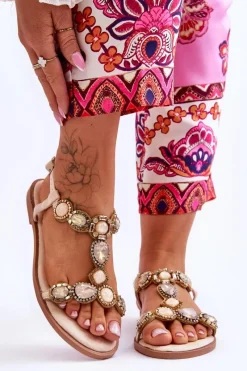 Sandały Płaskie>Boto Zamszowe Płaskie Sandały Z Kamieniami Beżowe Dallas