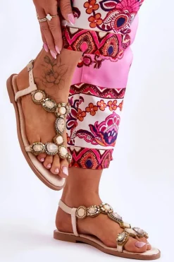 Sandały Płaskie>Boto Zamszowe Płaskie Sandały Z Kamieniami Beżowe Dallas