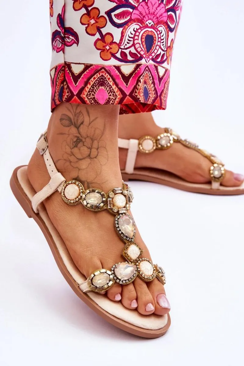 Sandały Płaskie>Boto Zamszowe Płaskie Sandały Z Kamieniami Beżowe Dallas