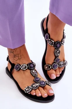 Best Boto Zamszowe Płaskie Sandały Z Kamieniami Czarne Dallas