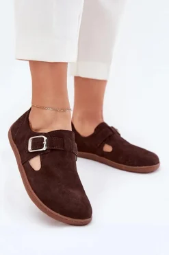 New Zamszowe Półbuty Barefoot Damskie Z Klamrą N1261 Czekoladowe Damskie Półbuty Skórzane|Barefoot