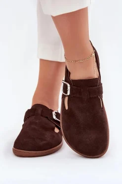 New Zamszowe Półbuty Barefoot Damskie Z Klamrą N1261 Czekoladowe Damskie Półbuty Skórzane|Barefoot