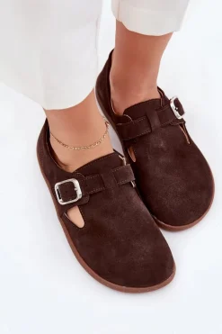 New Zamszowe Półbuty Barefoot Damskie Z Klamrą N1261 Czekoladowe Damskie Półbuty Skórzane|Barefoot