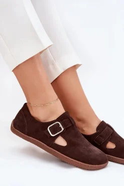 New Zamszowe Półbuty Barefoot Damskie Z Klamrą N1261 Czekoladowe Damskie Półbuty Skórzane|Barefoot