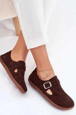 New Zamszowe Półbuty Barefoot Damskie Z Klamrą N1261 Czekoladowe Damskie Półbuty Skórzane|Barefoot