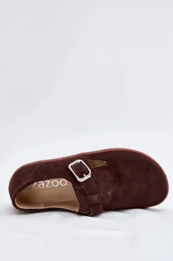 New Zamszowe Półbuty Barefoot Damskie Z Klamrą N1261 Czekoladowe Damskie Półbuty Skórzane|Barefoot