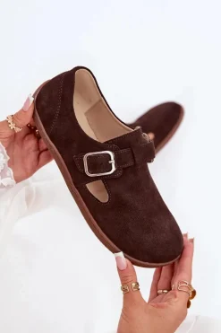 New Zamszowe Półbuty Barefoot Damskie Z Klamrą N1261 Czekoladowe Damskie Półbuty Skórzane|Barefoot