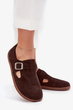 New Zamszowe Półbuty Barefoot Damskie Z Klamrą N1261 Czekoladowe Damskie Półbuty Skórzane|Barefoot