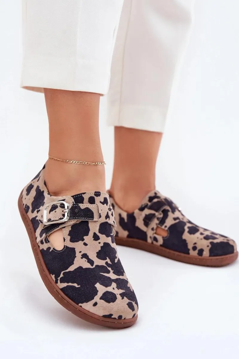 Outlet Zazoo Zamszowe Półbuty Barefoot Damskie Z Klamrą Łaty N1261 Brązowo-Beżowe Brązowy