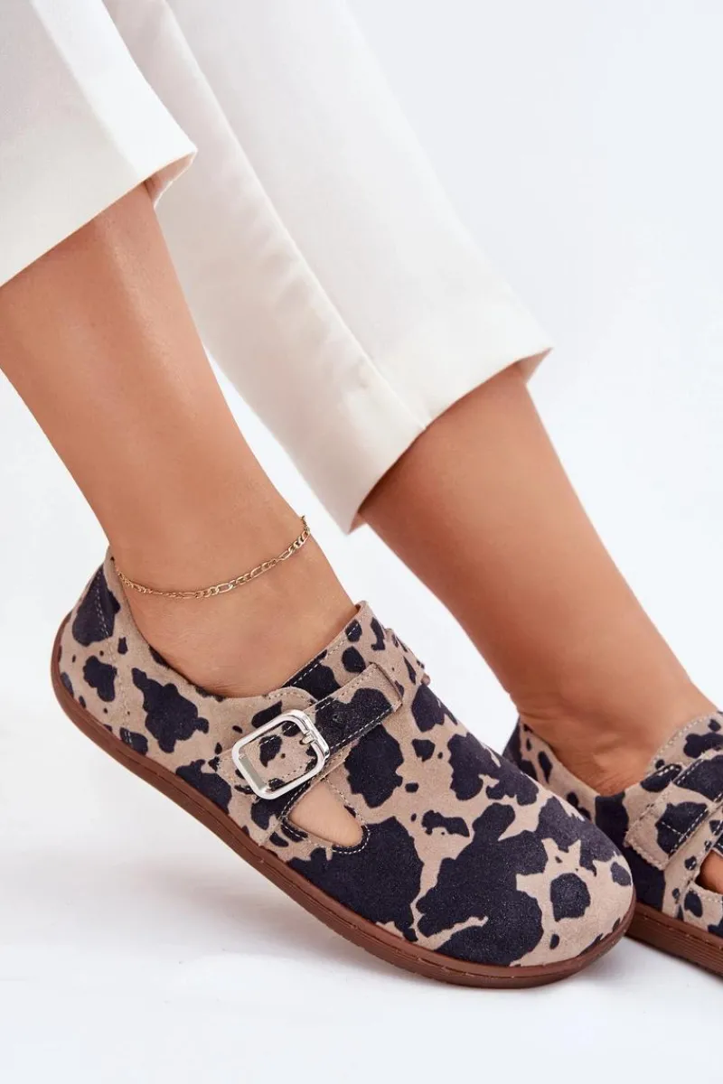 Outlet Zazoo Zamszowe Półbuty Barefoot Damskie Z Klamrą Łaty N1261 Brązowo-Beżowe Brązowy