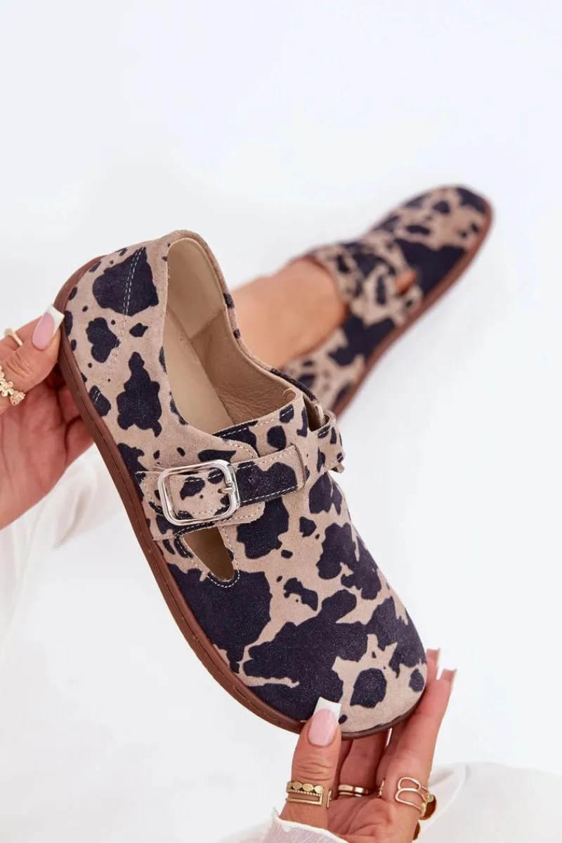 Outlet Zazoo Zamszowe Półbuty Barefoot Damskie Z Klamrą Łaty N1261 Brązowo-Beżowe Brązowy