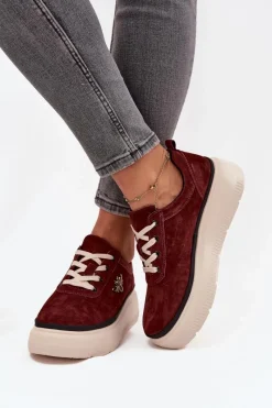 Outlet Buty damskie Vinceza Zamszowe Półbuty Damskie Na Platformie Z Przypinką Vinceza 41495 Bordowe Czerwony