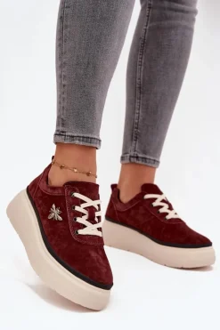 Outlet Buty damskie Vinceza Zamszowe Półbuty Damskie Na Platformie Z Przypinką Vinceza 41495 Bordowe Czerwony