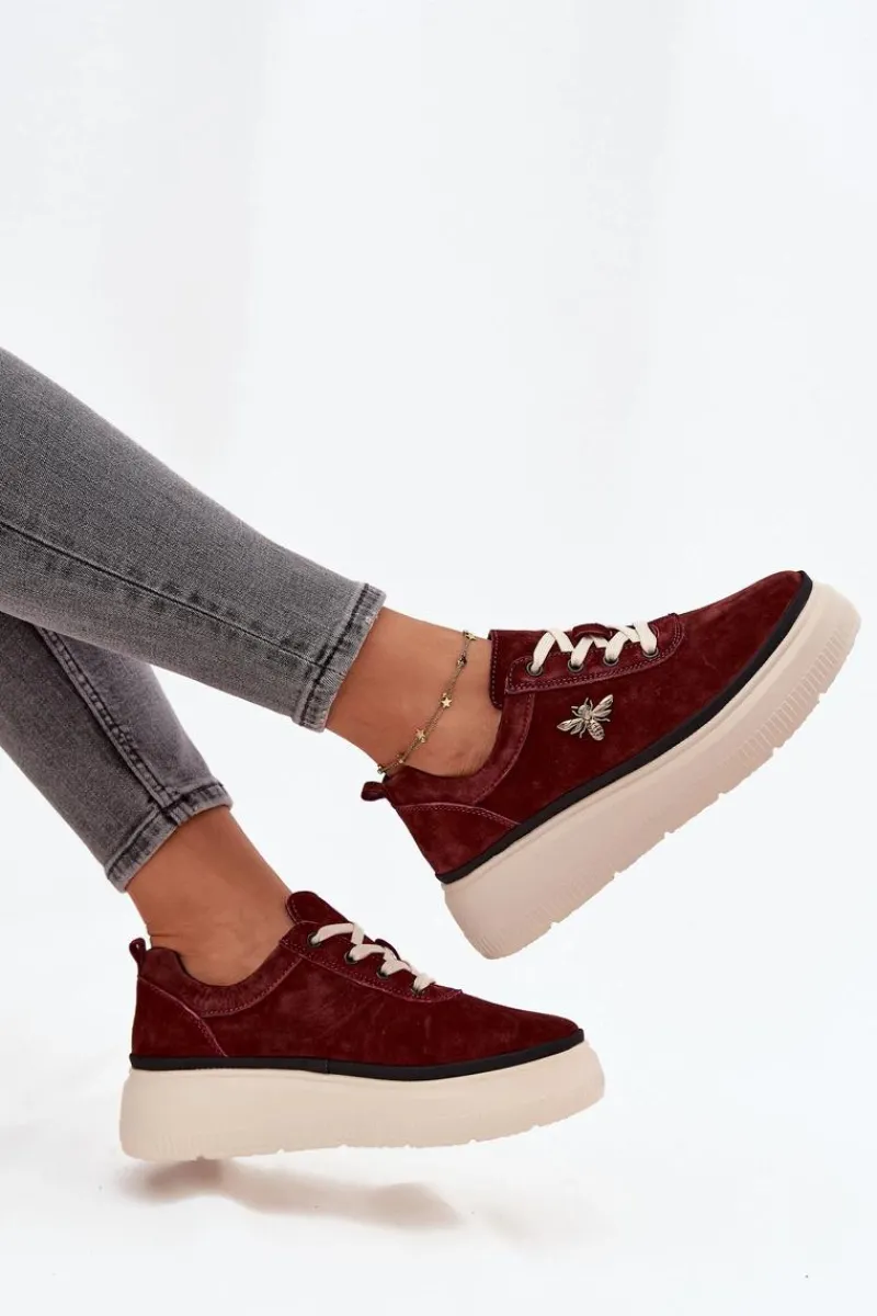 Outlet Buty damskie Vinceza Zamszowe Półbuty Damskie Na Platformie Z Przypinką Vinceza 41495 Bordowe Czerwony