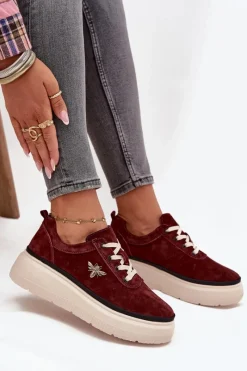 Outlet Buty damskie Vinceza Zamszowe Półbuty Damskie Na Platformie Z Przypinką Vinceza 41495 Bordowe Czerwony