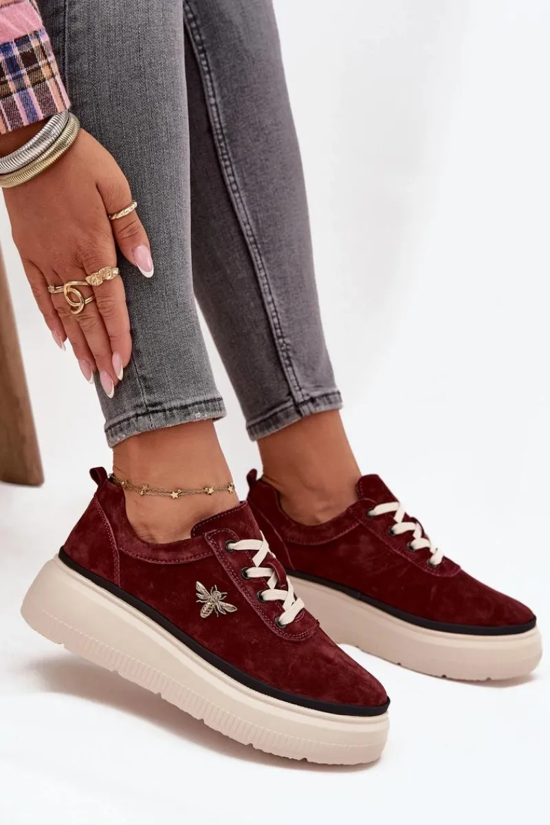 Outlet Buty damskie Vinceza Zamszowe Półbuty Damskie Na Platformie Z Przypinką Vinceza 41495 Bordowe Czerwony