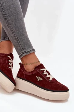 Outlet Buty damskie Vinceza Zamszowe Półbuty Damskie Na Platformie Z Przypinką Vinceza 41495 Bordowe Czerwony