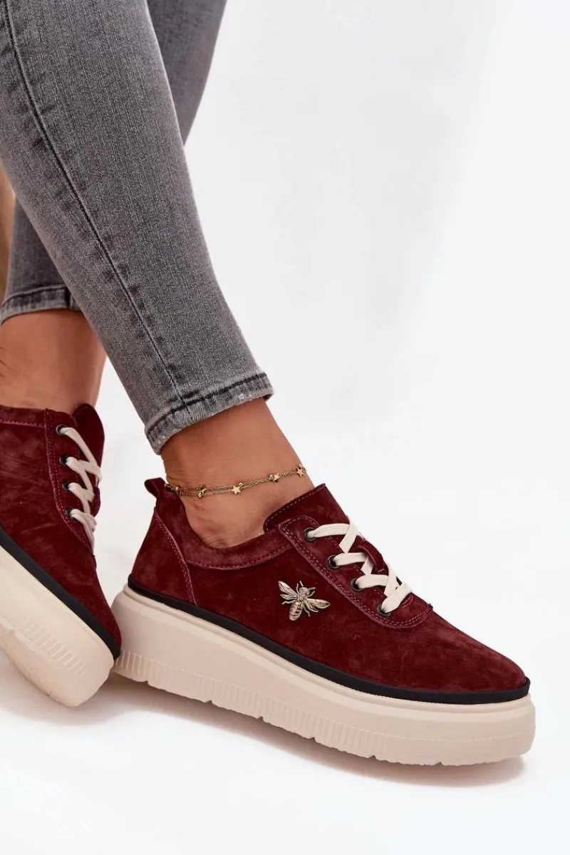 Outlet Buty damskie Vinceza Zamszowe Półbuty Damskie Na Platformie Z Przypinką Vinceza 41495 Bordowe Czerwony