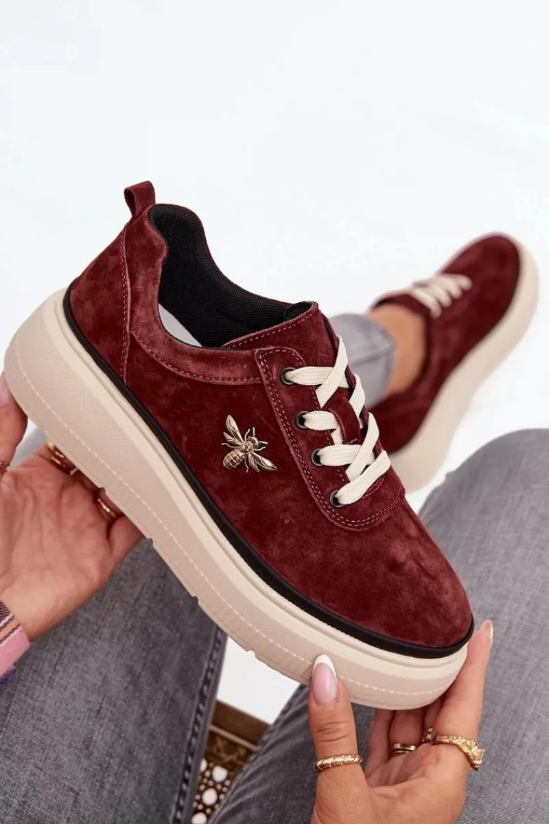 Outlet Buty damskie Vinceza Zamszowe Półbuty Damskie Na Platformie Z Przypinką Vinceza 41495 Bordowe Czerwony