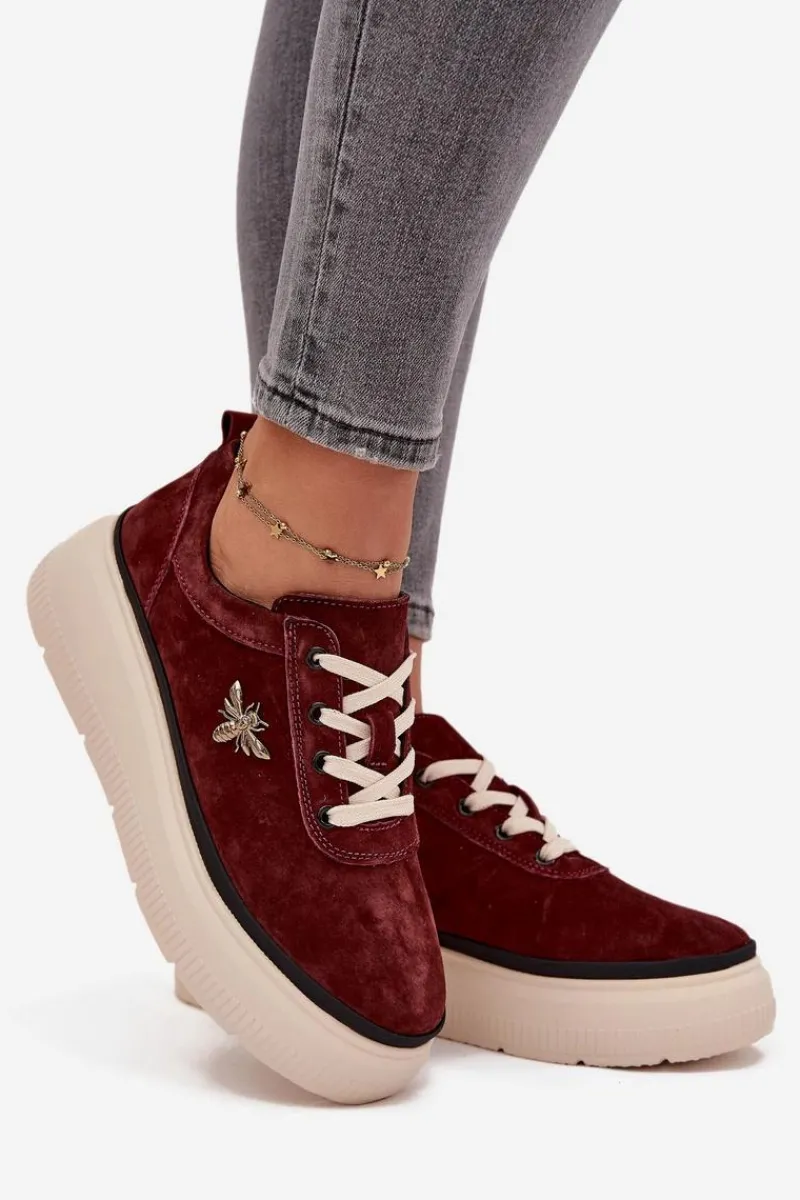 Outlet Buty damskie Vinceza Zamszowe Półbuty Damskie Na Platformie Z Przypinką Vinceza 41495 Bordowe Czerwony