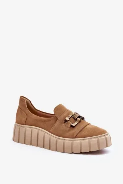 Sale Zamszowe Półbuty Damskie Na Platformie Z Ozdobą Ciemnobeżowe Lewski 3398 Damskie Półbuty Skórzane