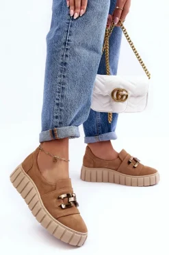 Sale Zamszowe Półbuty Damskie Na Platformie Z Ozdobą Ciemnobeżowe Lewski 3398 Damskie Półbuty Skórzane