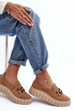 Sale Zamszowe Półbuty Damskie Na Platformie Z Ozdobą Ciemnobeżowe Lewski 3398 Damskie Półbuty Skórzane