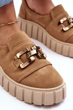 Sale Zamszowe Półbuty Damskie Na Platformie Z Ozdobą Ciemnobeżowe Lewski 3398 Damskie Półbuty Skórzane