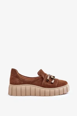 Boto Zamszowe Półbuty Damskie Na Platformie Z Ozdobą Brązowe Lewski 3398