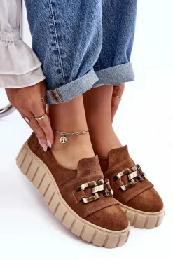 Boto Zamszowe Półbuty Damskie Na Platformie Z Ozdobą Brązowe Lewski 3398