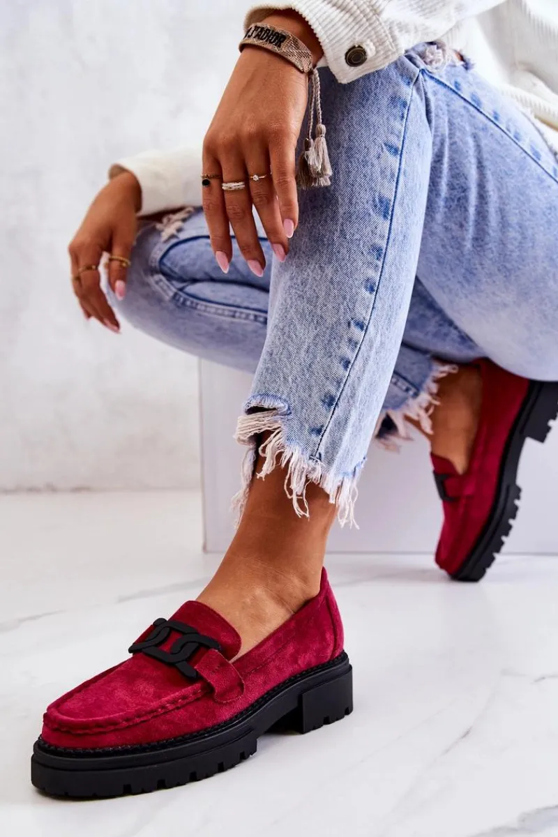 Outlet Zamszowe Półbuty Loafery Z Ozdobą La.Fi 210031FU-SU Fuksja Damskie Mokasyny Damskie Zamszowe