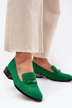 Hot Zamszowe Półbuty Mokasyny Damskie Z Ozdobą D&A LZ51-505 Zielone Damskie Półbuty Skórzane|Mokasyny Damskie Zamszowe