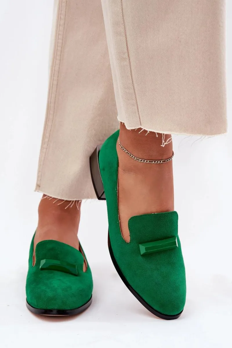 Hot Zamszowe Półbuty Mokasyny Damskie Z Ozdobą D&A LZ51-505 Zielone Damskie Półbuty Skórzane|Mokasyny Damskie Zamszowe