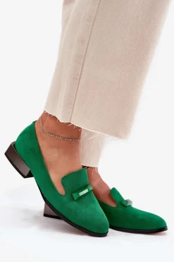 Hot Zamszowe Półbuty Mokasyny Damskie Z Ozdobą D&A LZ51-505 Zielone Damskie Półbuty Skórzane|Mokasyny Damskie Zamszowe