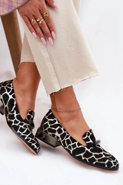 Sale Damskie buty S.Barski Zamszowe Półbuty Mokasyny Damskie Z Ozdobą D&A LZ51-505 Czarno-Złote