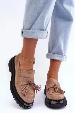 Discount Zamszowe Półbuty Mokasyny Damskie Beżowe Ramvli Damskie Mokasyny Damskie Zamszowe