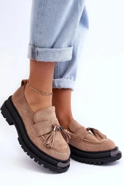 Discount Zamszowe Półbuty Mokasyny Damskie Beżowe Ramvli Damskie Mokasyny Damskie Zamszowe