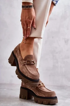 Sale Zamszowe Półbuty Na Obcasie Ze Złotą Ozdobą Brązowe Lemar Lurdes Damskie Półbuty Skórzane|Mokasyny Damskie Zamszowe