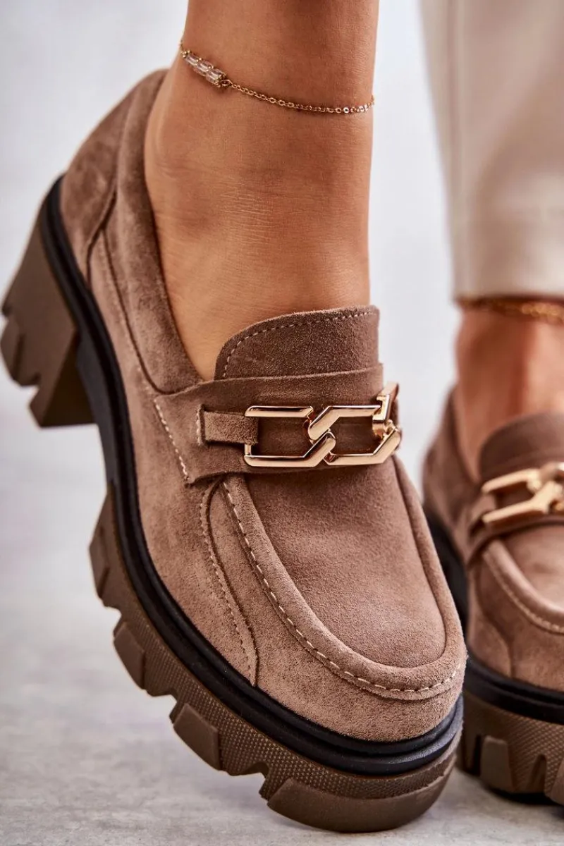 Sale Zamszowe Półbuty Na Obcasie Ze Złotą Ozdobą Brązowe Lemar Lurdes Damskie Półbuty Skórzane|Mokasyny Damskie Zamszowe