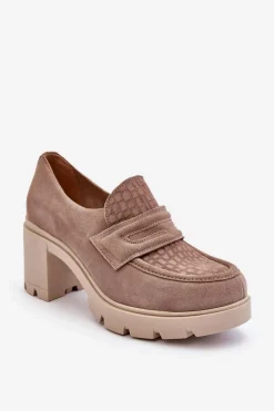 Outlet Zamszowe Półbuty Na Słupku I Platformie Ciemnobeżowe Lemar Arabell Damskie Półbuty Skórzane