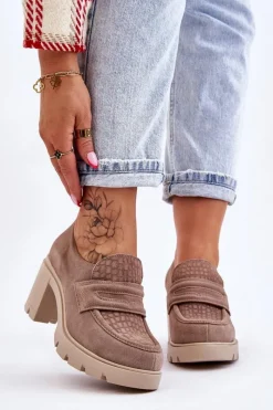 Outlet Zamszowe Półbuty Na Słupku I Platformie Ciemnobeżowe Lemar Arabell Damskie Półbuty Skórzane