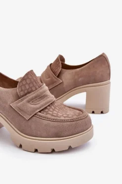 Outlet Zamszowe Półbuty Na Słupku I Platformie Ciemnobeżowe Lemar Arabell Damskie Półbuty Skórzane