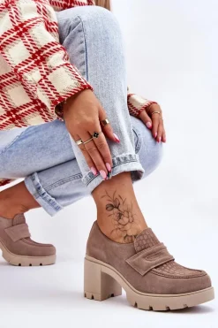 Outlet Zamszowe Półbuty Na Słupku I Platformie Ciemnobeżowe Lemar Arabell Damskie Półbuty Skórzane