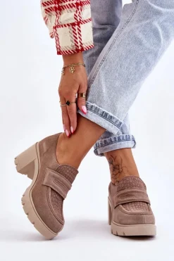 Outlet Zamszowe Półbuty Na Słupku I Platformie Ciemnobeżowe Lemar Arabell Damskie Półbuty Skórzane