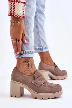 Outlet Zamszowe Półbuty Na Słupku I Platformie Ciemnobeżowe Lemar Arabell Damskie Półbuty Skórzane