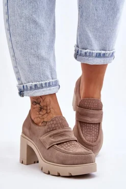 Outlet Zamszowe Półbuty Na Słupku I Platformie Ciemnobeżowe Lemar Arabell Damskie Półbuty Skórzane