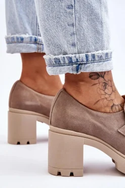 Outlet Zamszowe Półbuty Na Słupku I Platformie Ciemnobeżowe Lemar Arabell Damskie Półbuty Skórzane