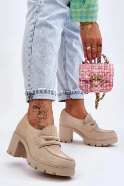 Półbuty Skórzane></noscript>Boto Zamszowe Półbuty Na Słupku I Platformie Jasnobeżowe Lemar Arabell