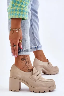 Półbuty Skórzane></noscript>Boto Zamszowe Półbuty Na Słupku I Platformie Jasnobeżowe Lemar Arabell