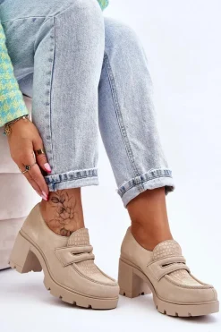 Półbuty Skórzane></noscript>Boto Zamszowe Półbuty Na Słupku I Platformie Jasnobeżowe Lemar Arabell